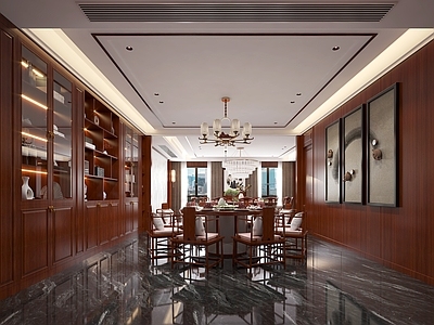 新中式别墅餐厅 中式餐厅 中式包间 大餐桌 柜子