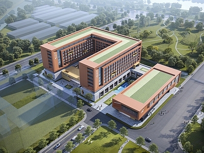 现代新中式学校建筑 现代红砖学校