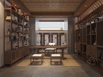 新中式中式茶室 新中式书房 新中式茶室 新中式博古架 中式书房
