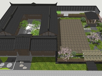 新中式中式四合院 园林四合院建筑 中式园林造景