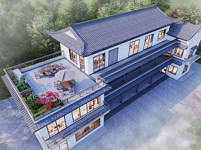 新中式别墅 独栋别墅 三层别墅 别墅 建筑 屋顶花园