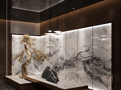 现代新中式售楼处 新中式大厅 新中式背景墙 造景 景观