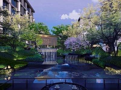 现代新中式小区景观 水景 会客厅 连廊 住宅景观 展示区