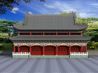 复古中式古建 大雄宝殿 五门大殿 寺庙 重檐大殿 四廊五门重檐大殿