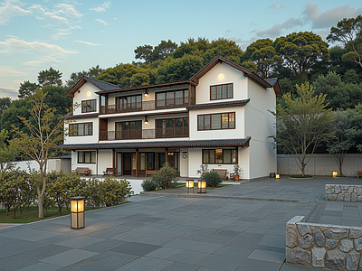 新中式现代民宿建筑 新中式团建民宿 山林度假风 山野坡地院落概念 文旅住宿疗愈民 康养度假会所客栈