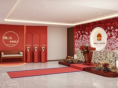 现代极简服务中心 婚姻登记处 宣誓台 花墙 婚礼美陈