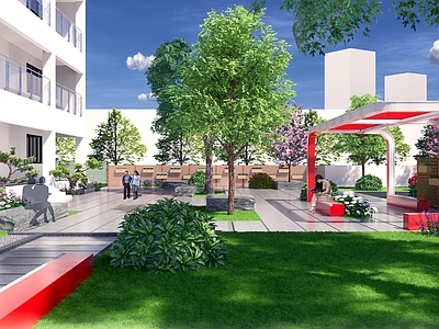 现代办公园区景观 休闲广场 景观廊架