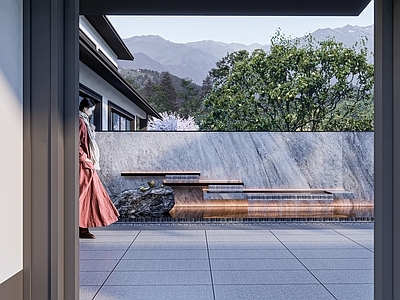 新中式中式别墅庭院 庭院景观 中式庭院 温泉泡池 鱼池