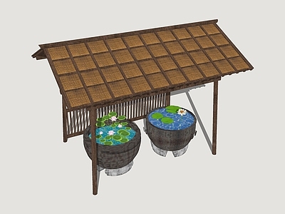 中式新中式亭子 水缸荷花 木亭 景观亭 庭院小品
