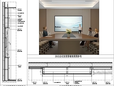 背景墙节点 办公会议室背景墙 会议室内嵌屏幕墙 嵌入式电视机节点 会议室显示器背景 会议室木饰面硬包 施工图