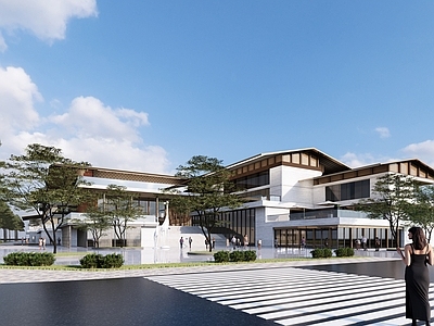 新中式现代酒店建筑 温泉酒店建筑 多层酒店建筑 坡屋顶酒店建筑 无边泳池建筑 底层商业建筑