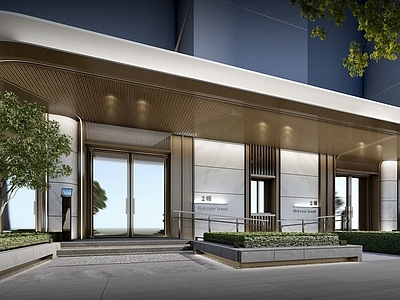 现代新中式入口大门 单元入户 单元入口景观 挡墙