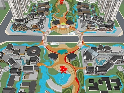现代景观公园 宜宾公园中轴规划 特色连廊 飘带 滨水 商业广场建筑