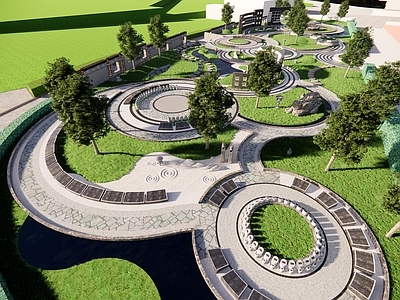 中式景观公园 滨水 公园 休闲 景墙 步道