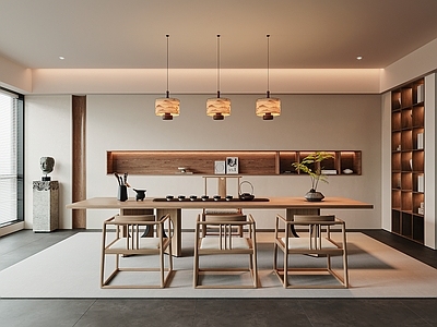 现代新中式茶室 茶桌椅组合 茶具 吊灯 茶室背景