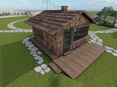 复古中古木屋 中古小屋 草坪稻田建筑 复古咖啡馆 北欧风小屋