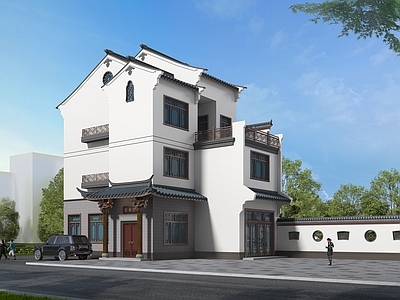 新中式别墅外观 徽派建筑 别墅 自建房