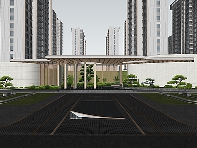 现代轻奢入口大门 凯瑞售楼处入口 特色异形门楼 住宅出入口 植物搭配 水景雕塑