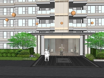 现代高层住宅 单元门头 架空层入户门头 小区入户 入户铺装