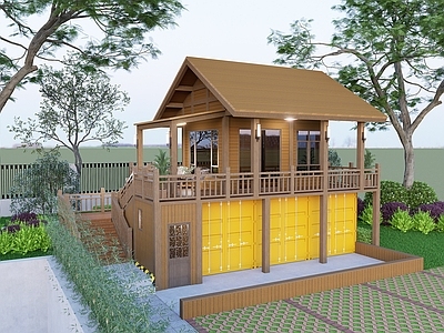 现代新中式办公园区景观 现代木屋景观凉亭 集装箱木屋