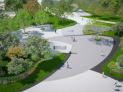现代景观公园 公园入口 标识景墙 花瓣元素 logo景墙 林荫树阵
