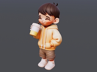 儿童 穿黄衣服喝咖啡 小男孩