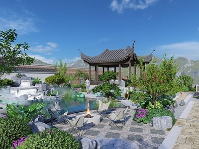 新中式屋顶花园 新中式 屋顶花园 徽派亭 水景