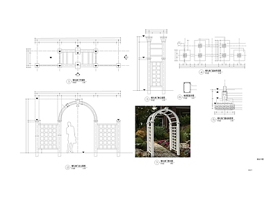 现代廊架 拱门拱形花架景观 入口廊架构筑物 拱门法详图节点 花架景观大样图 网红拱 施工图