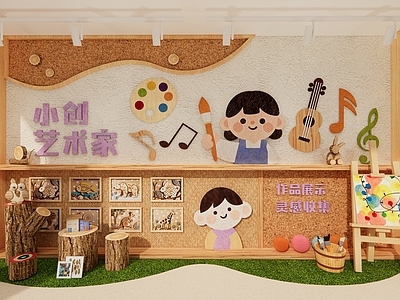 现代原木幼儿园内部 艺术空间 艺术文化墙 幼儿园走廊 幼儿园大厅
