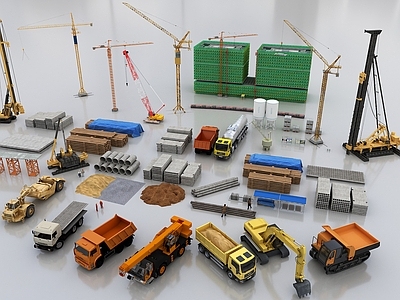 工业设备 现代施工设施组合 施工重型机械车 工程车挖掘机 强夯机吊车建筑材 土堆木材建筑楼