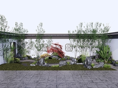 新中式中式别墅庭院 中式庭院 微地形景观 花窗 景石组合 竹子