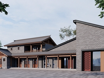 新中式现代民宿建筑 新中式商业街 徽派 平地民宿建筑