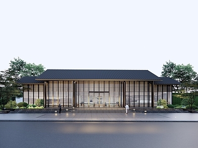 新中式中式售楼处建筑 新中式展示区建筑 展示区商业街前场 新中式跌水水景