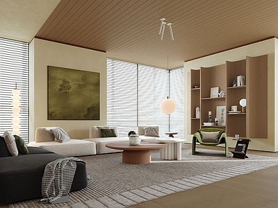 现代原木家居客厅 无主灯客厅 沙发组合 茶几组合 壁柜 落地灯