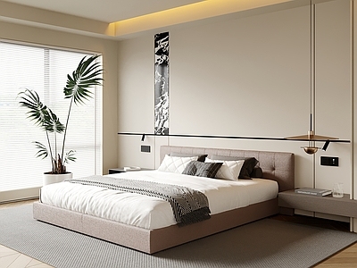现代简约家居卧室 双人床 床头柜 主卧 次卧