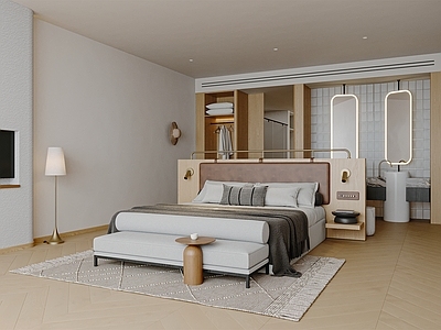 简约原木民宿 皮质床 原木风卧室 民宿客房 双人床 现代卧室