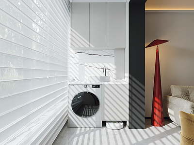 现代简约洗衣机柜 洗衣机 家政阳台 百叶帘 晾衣架 阳台