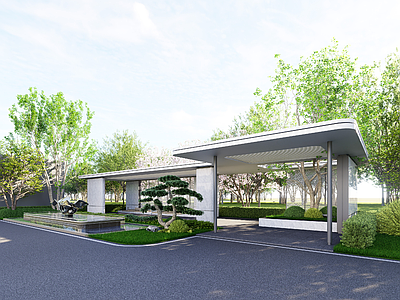 现代办公园区景观 水景 廊架