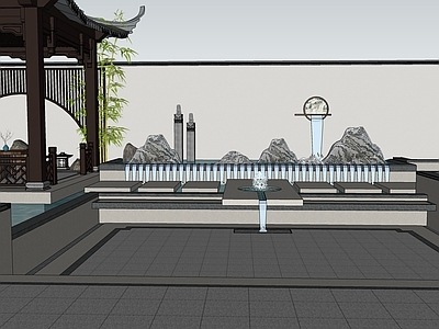 新中式别墅庭院 中式亭子 流水景墙 下沉庭院
