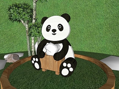 现代原木教育校园景观 熊猫花箱 熊猫摆景 幼儿园景观
