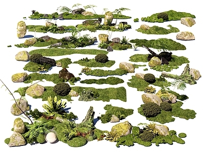 现代新中式微地形 微地形 苔藓石头 石头 景观造景石 苔藓 庭院小品 草地 坡地地形 植物 植物景观