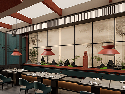 新中式禅意中餐厅 餐饮店 中餐厅 山野风餐厅 餐厅背景墙 卡座