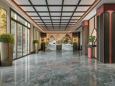 新中式酒店大堂 新中式接待大厅 前台