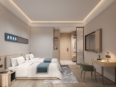 现代简约酒店客房 标间 电视背景 单人床