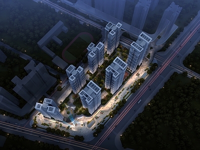 现代鸟瞰规划 现代风格鸟瞰规划 围合式社区 高层住宅 庭院景观 鸟瞰夜景