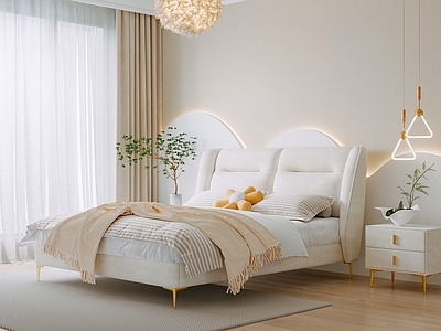 现代奶油双人床 奶油卧室床 主卧床 布艺床 休闲床