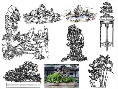 新中式假山水景图库 假山绿植 施工图