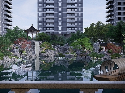 中式小区景观 中式假山水景