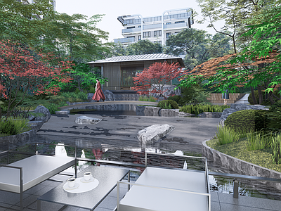 现代新中式小区景观 会客室 水院 示范区景观 新中式景观 户外座椅