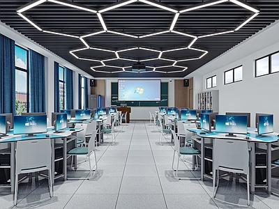 现代教室 多媒体教室 六边形电脑桌 大学教室